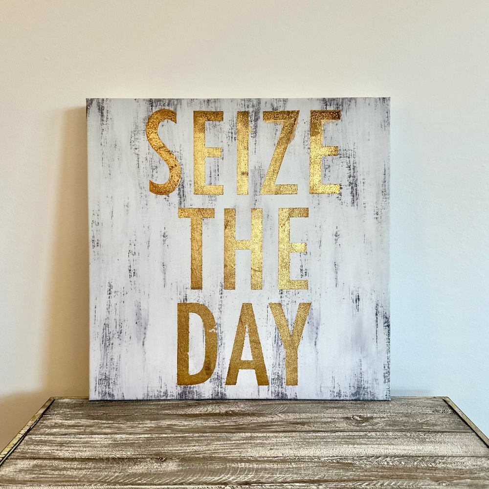 Seize The Day Wood Canvas Wall Art - Gold, White, Silver
